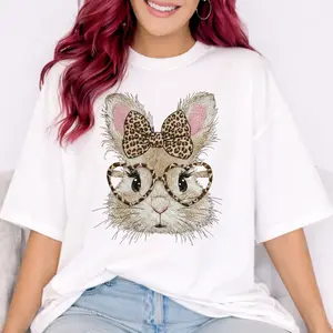 Bunny Face with Leopard Bow Glasses T-Shirt | Cute Bunny Illustration