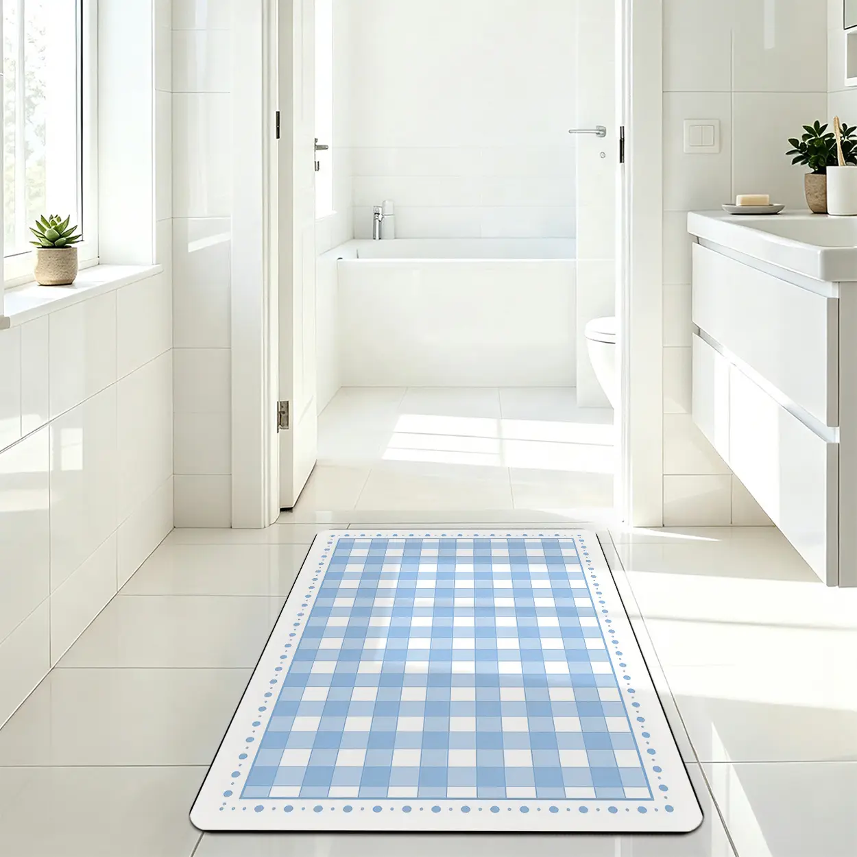 Local Delivery Multiple Sizes Velvet Blue Gingham Farmhouse Rug, Washable Non Slip Checkered Runner for Kitchen Nursery Bedroom Decor