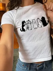 Women's Cartoon Cat Print Round Neck Crop Tee, Fashion Casual Crew Neck T-shirt for Daily Holiday Vacation Outdoor Wear, Ladies Clothes for Summer