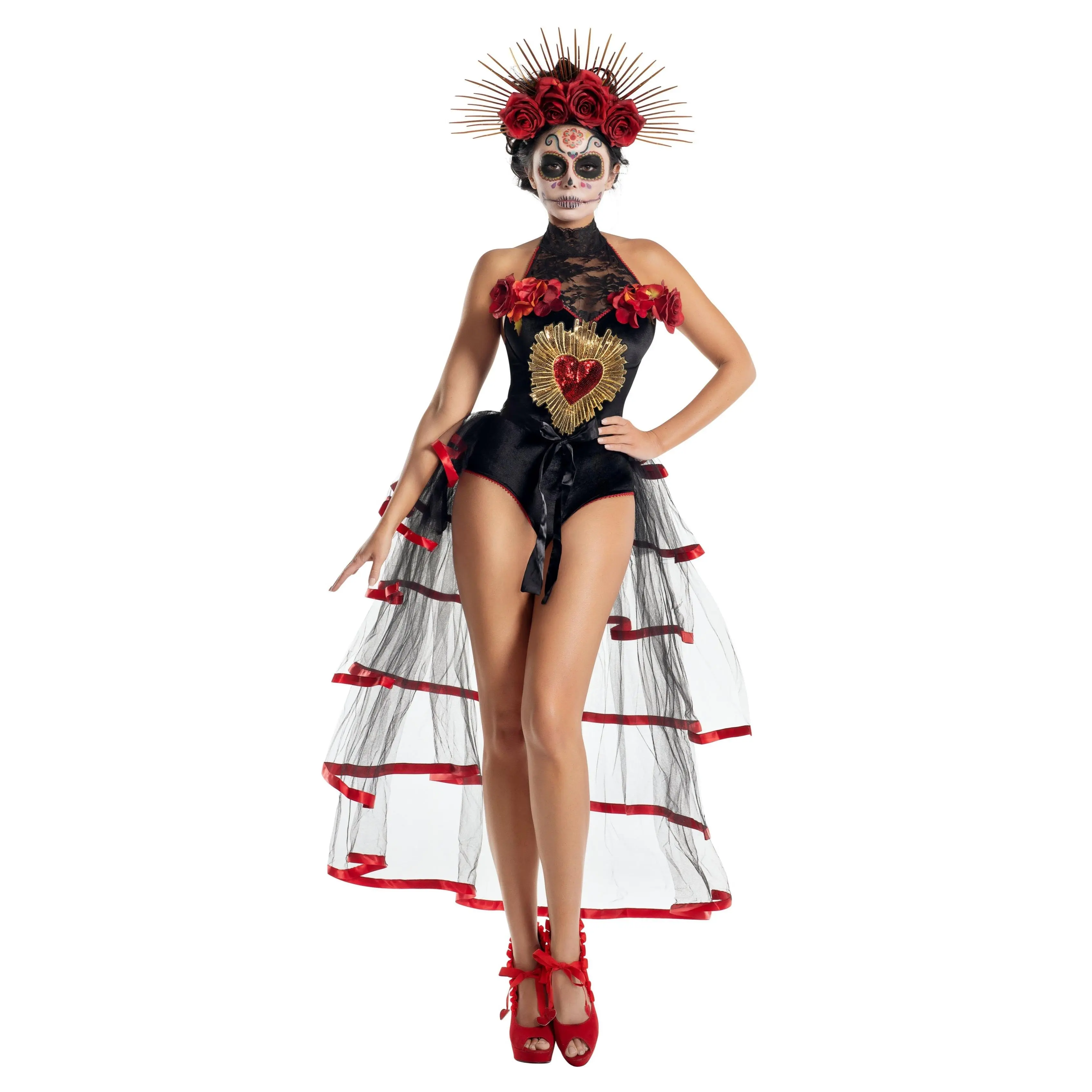 Women's Velvet Día de Muertos Costume Clothes, Halloween Outfit with Flower, Rose, Heart Accents