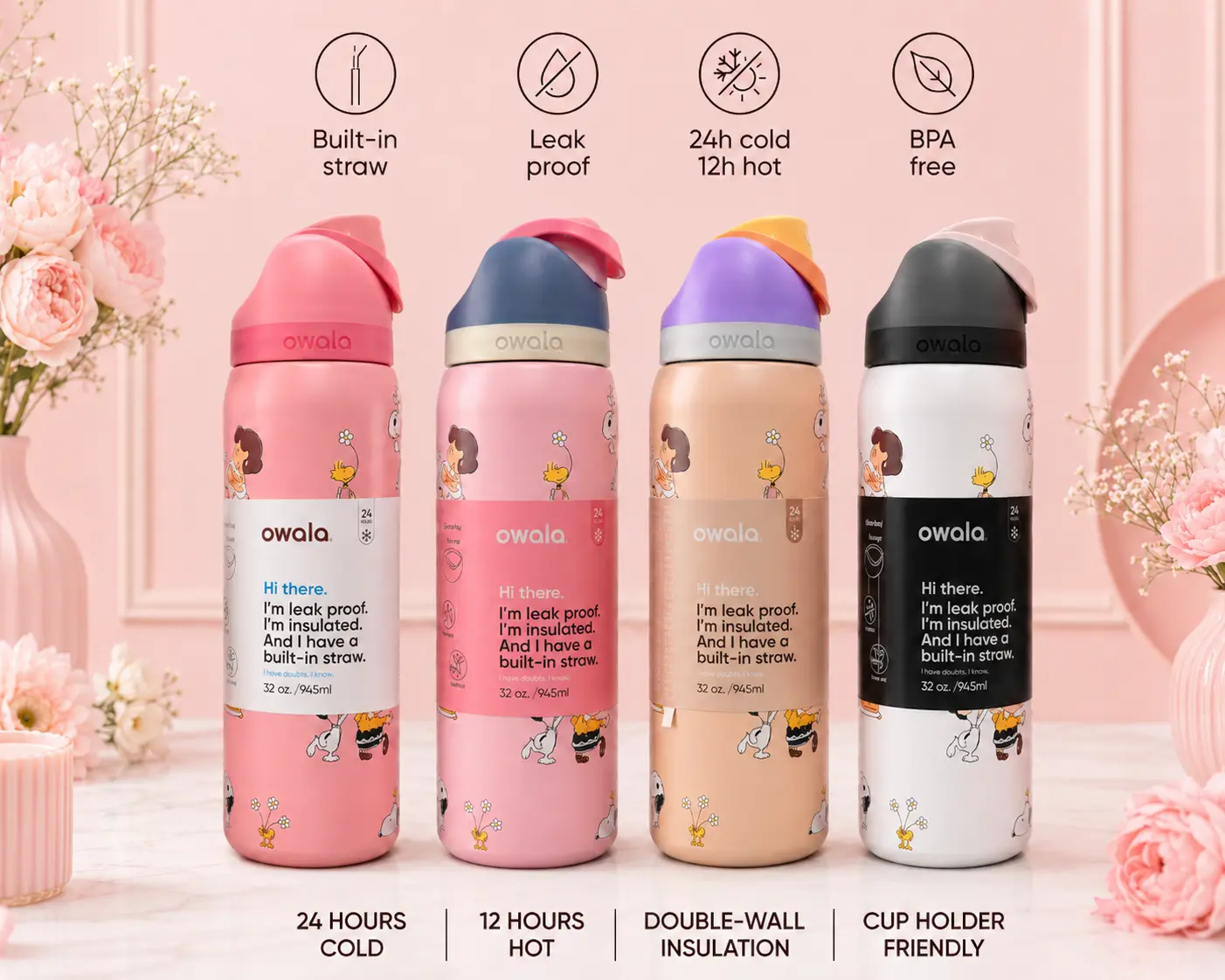 Best sale Owala FreeSip 32 oz Insulated Stainless BEST Steel Water Bottle with Straw | Cute Cartoon Pink Spill-Proof Tumbler, Double-Wall Vacuum Travel Mug N
