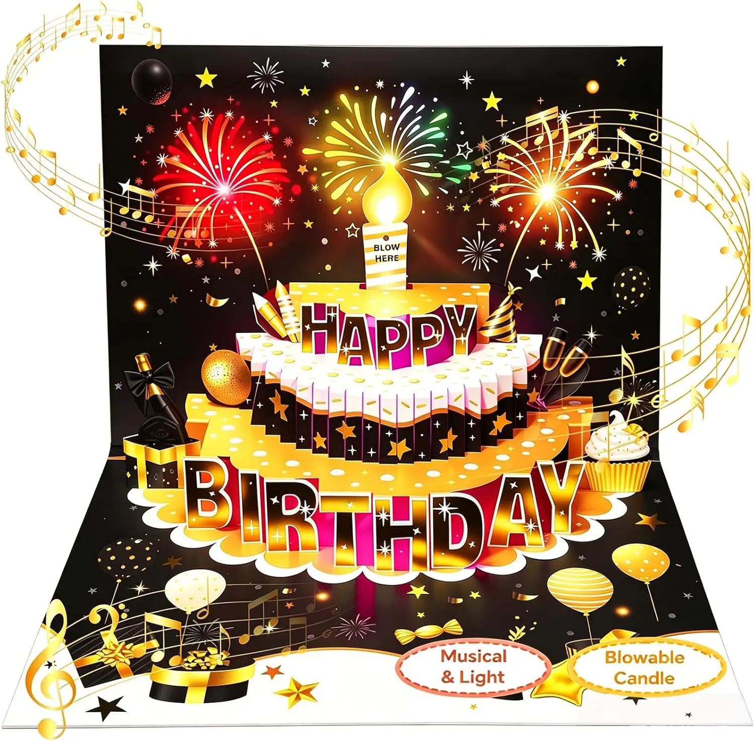 3D Pop up Birthday Cards, Happy Birthday Card with Music&Light, Birthday Card with a Blow-out Candle, Birthday Gifts for Women Men Husband Wife Kids Friends