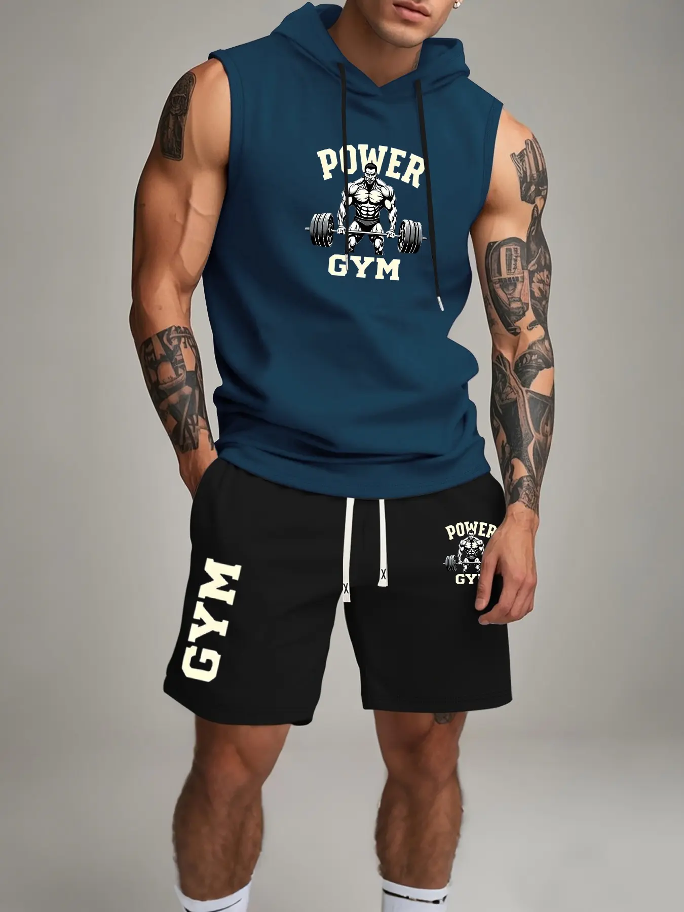 Summer Men's Fitness Set, Letter Print Hooded Sleeveless Vest + Drawstring Shorts, Breathable Outdoor Sports Wear, 2 Pieces