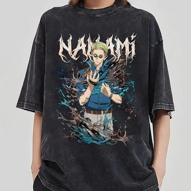 Men's Jujutsu Kaisen Casual Classic T-Shirt - Nanami Kento Vintage Graphic, Mineral Wash Cotton Round Neck Menswear Anime Streetwear, Tshirt, Top, Simple