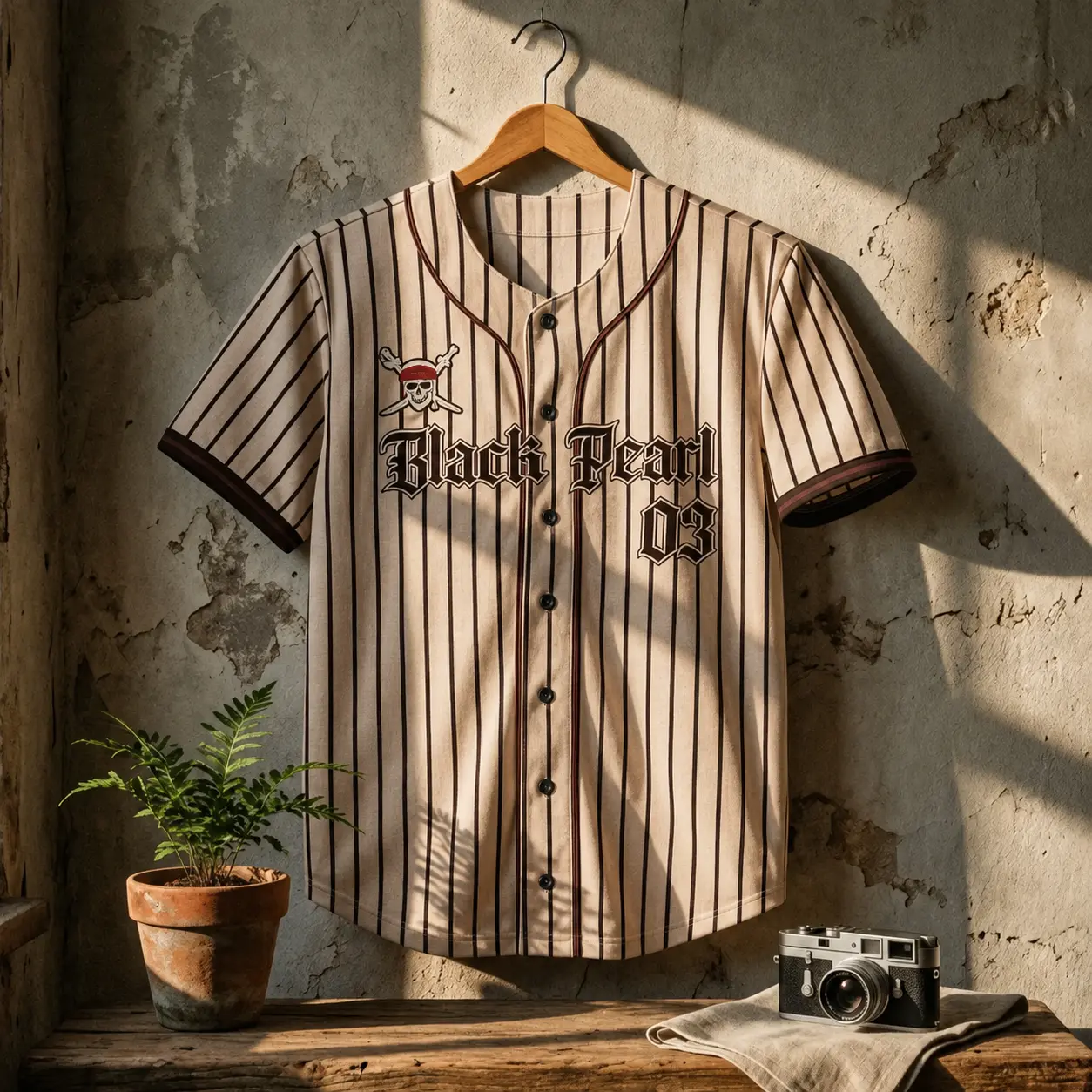 Black Pearl 03 Baseball Jersey, Cream Pinstripe Pirate Captain Shirt, Vintage Caribbean Outlaw Button Up, Unisex Cosplay Sports Jersey