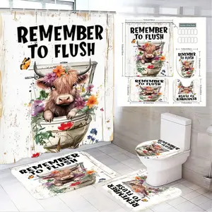 4pcs Whimsical Highland Cow Bathroom Set, Includes Shower Curtain & Toilet Lid Cover, Fun Floral Design,The floor mat fabric is thicker and softer!  Ideal for Rustic Décor & Festive Occasions