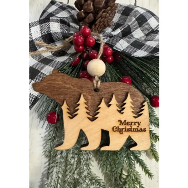 Wooden Bear Forest Christmas Ornament – Rustic Holiday Decor