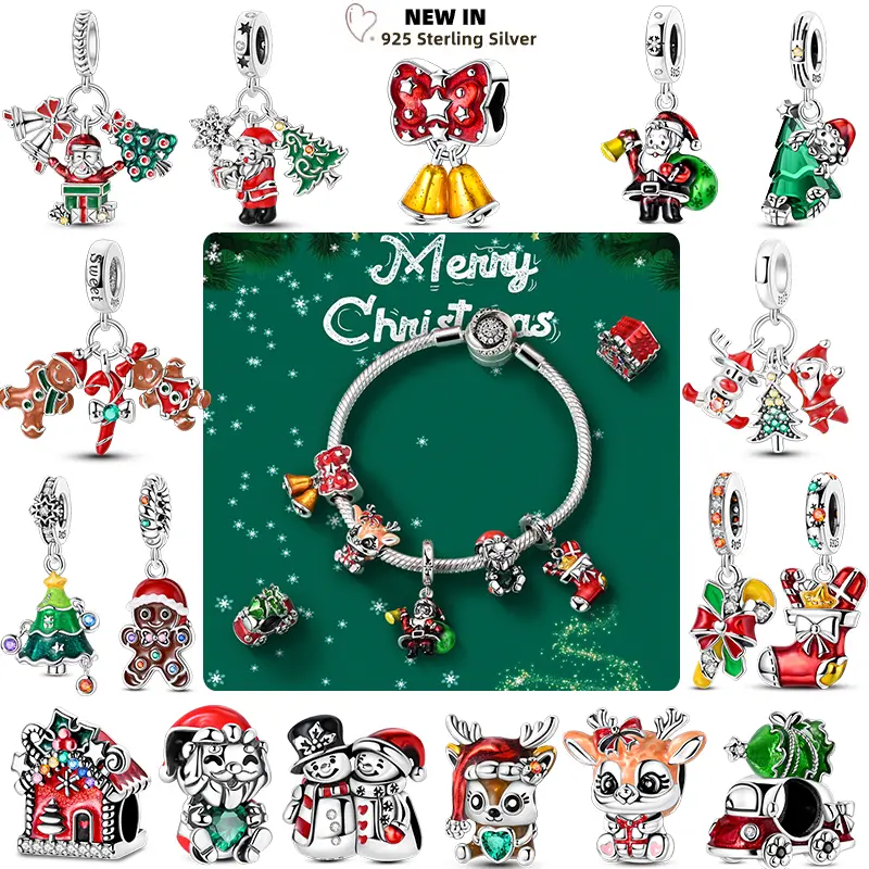 925 Silver Christmas Gift Charms - Green Christmas Tree, Zircon, Santa Claus, Elk, Small Bell Beads for Women's DIY Bracelet Costume Jewelry