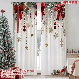 Christmas Curtains Set with Bow Print, Snowflake Pattern, Gold Accents, Half Transparent Rod Pocket Design, Holiday Decorations, Home Decoration Curtain