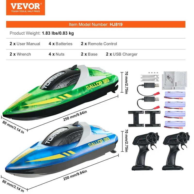 VEVOR 2-Pack RC Speed Boat, 2.4GHz 12km/h Racing Boat with 1200mAh 4 Rechargeable Batteries (80 Min Run Time), 50m Range, LED Light, Waterproof, Dual Motors, Auto Power-Off, for Pools & Lakes, Back-to-School Gift for Kids 6–8 Years, Blue