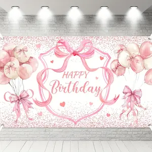 Pink Glitter Balloon Happy Birthday Banner with Chic Bow Vinyl Decor for Girls' Parties Photography Backdrops Bachelorette Celebrations Wedding