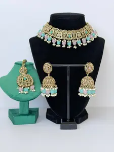 Bollywood Polki Esha Necklace Set with Jhumka and Tikka