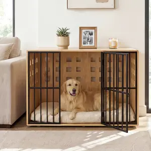 FUFU&GAGA 47.2" W Large Wooden Dog Crate Furniture, Double Doors Indoor Pet Kennel End Table with Metal Frame for Large Dogs