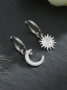 Celestial Harmony Sun Moon Drop Earrings, Silver Plated Dainty Hoops with Zircon Crescent Moon Charm, Vintage Boho Aesthetic Jewelry