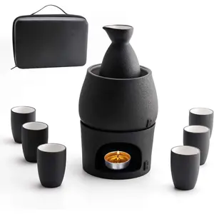 Ceramic Sake Set Cups with Warmer + Sake Saki Drink Storage Box, Porcelain Pottery Hot Cold Saki Drink, 9pcs include 1 Stove 1 Warming Bowl 1 Sake Bottle 6 Cup