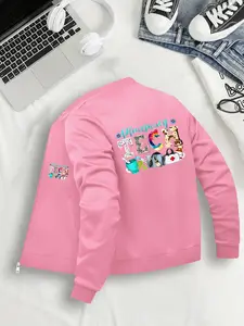 Women's Casual Zipper Bomber Jacket, Long Sleeve, Graphic Print, Fitted Design, Lightweight, Comfortable, All Seasons Wear, Sizes S-Xxl