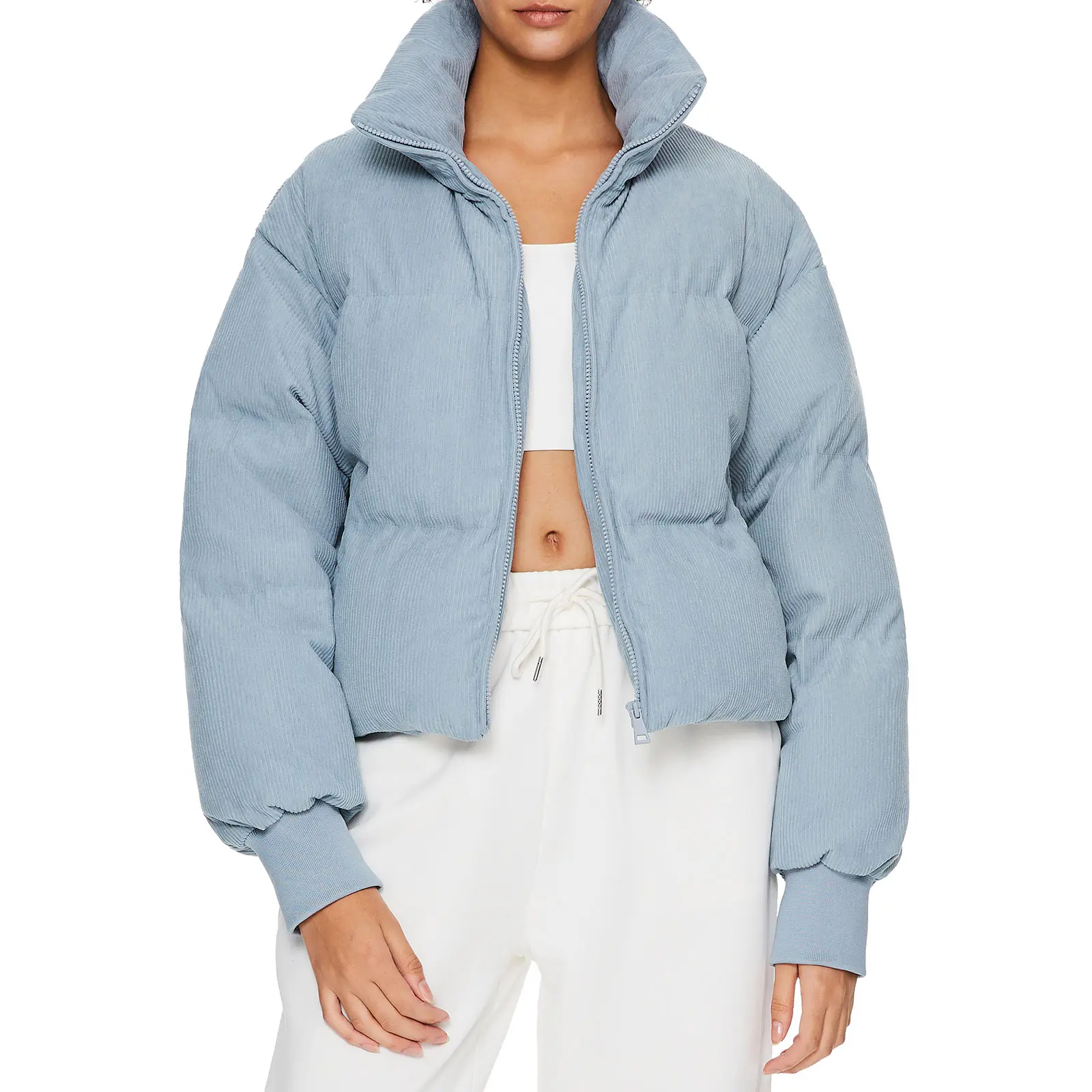 Orolay Women's Corduroy Cropped Zip Puffer Jacket, Stand Collar Winter Overcoat with Hem Drawstring for Casual and Outdoor Adjustable Chic Outerwear