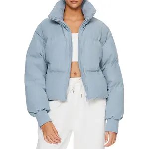 Orolay Women's Corduroy Cropped Zip Puffer Jacket, Stand Collar Winter Overcoat with Hem Drawstring for Casual and Outdoor Adjustable Chic Outerwear