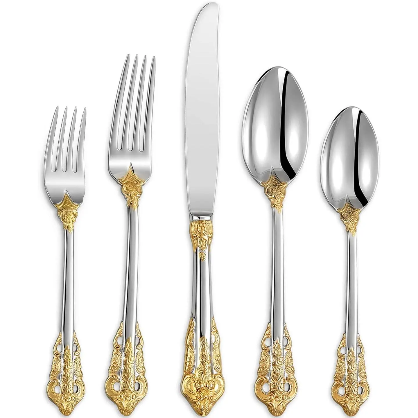 Luxury 20 count 18/10 Stainless Steel Flatware set, Service for 4, silver plated with gold accents, Fine Silverware set and Dishwasher Safe (Gold Accent)