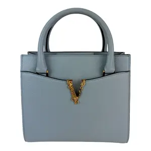 Pre-owned VERSACE Leather Tote Bags Virtus Top Handle Grained Calfskin Light Blue Tote