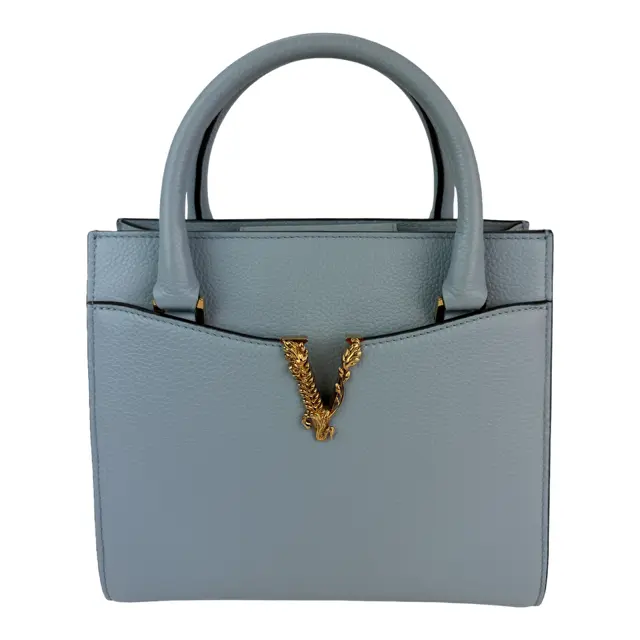 Pre-owned VERSACE Leather Tote Bags Virtus Top Handle Grained Calfskin Light Blue Tote