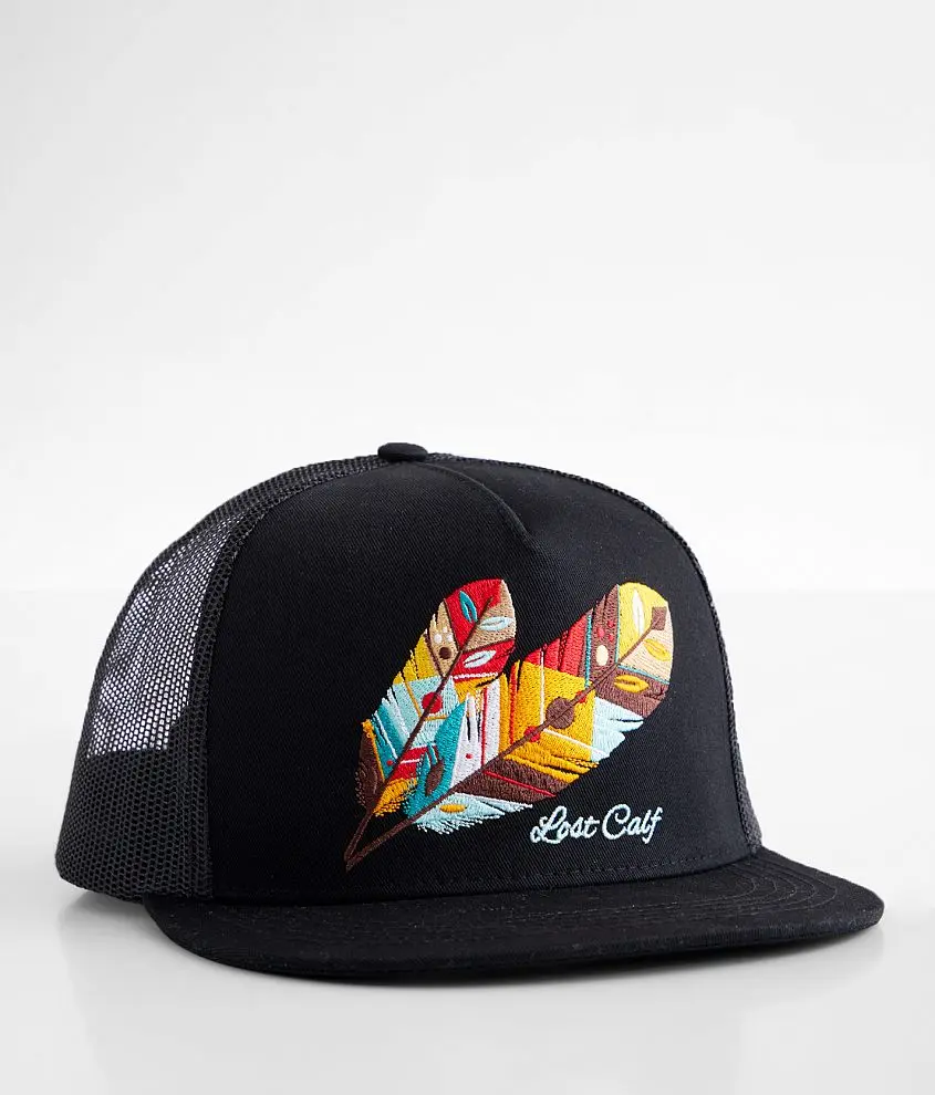 Colorful Feather Black Trucker Hat Embroidered Mesh Snapback Cap for Men Women