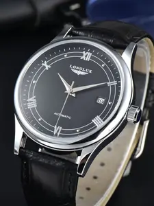 Men's Automatic Mechanical Watch, Leather Strap, Calendar Display, 41mm Round Dial, Waterproof, Classic Roman Numerals, Casual Style, Automatic Date Wristwatch
