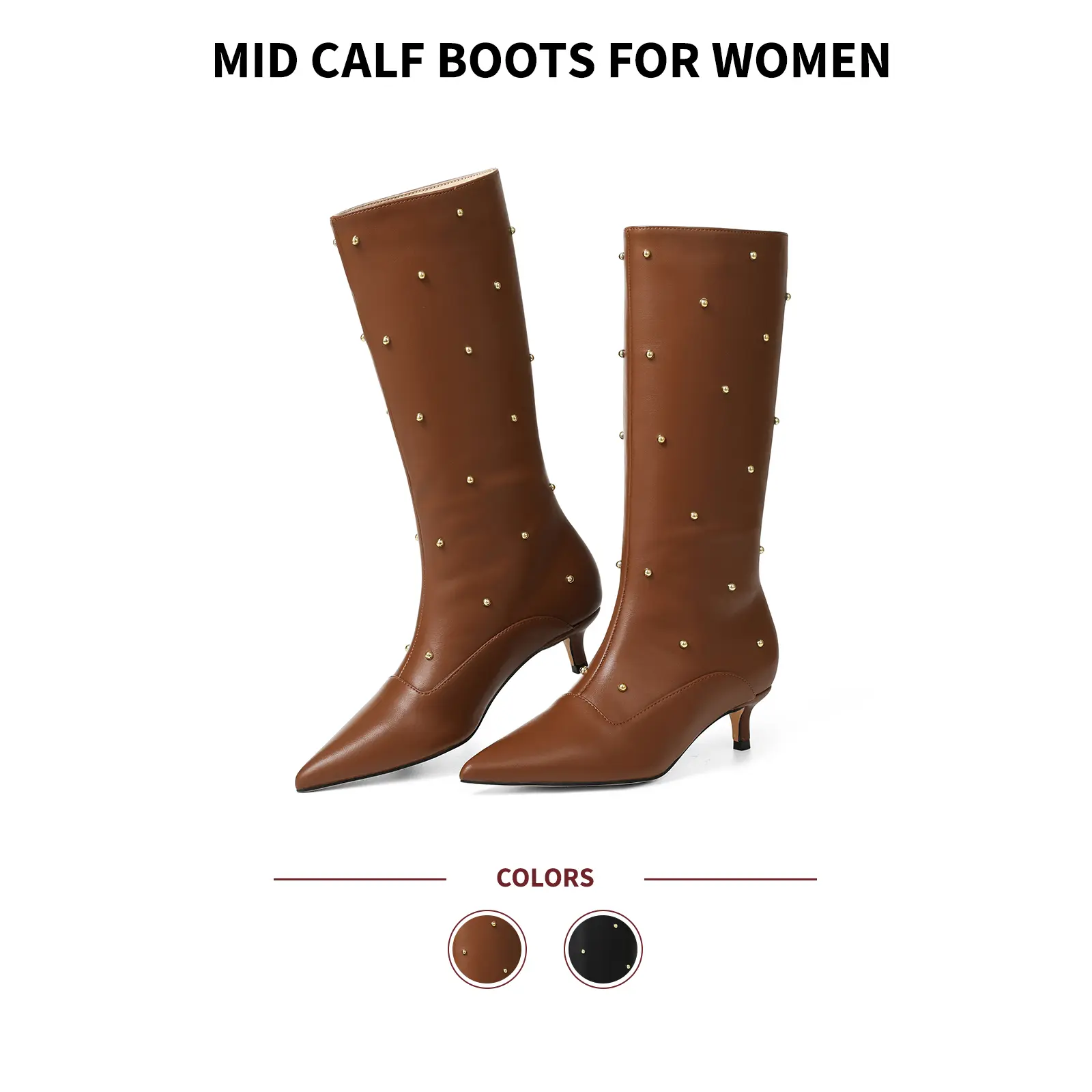 VIMISAOI Kitten Heel Boots for Women Pointed Toe Kitten Heel Studded Tall Booties Fashion Trendy Long Western Boots For Women