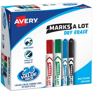 Avery Marks A Lot Value Pack Dry Erase Markers, White Board Markers, Chisel/Bullet, 24 Assorted Colors (29870)