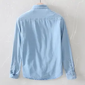 100% Cotton Men's Denim Shirts Autumn Thin Fashion Light Blue Long Sleeve Comfortable Soft Daily Work Casual Shirt