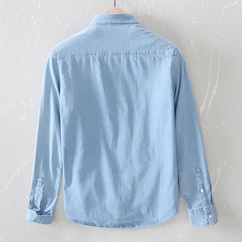 Men's 100% Cotton Light Blue Long-Sleeve Chambray Collared Shirt, Autumn Thin, Soft Comfortable Casual Tops, Classic Button-Down for Daily Work, Collared Shirts