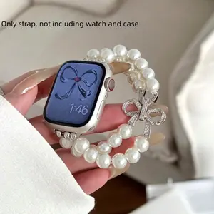 1PC fashionable pearl+metal bow Apple Watch bands, compatible with Apple Watch 38/40/41/42/44/45/46/49mm, suitable for Apple Watch series Ultra/SE/11/10/9/8/7/6/5/4/3/2/1 (strap only, watch and case not included)