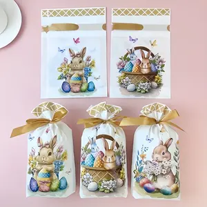Easter Bunny Drawstring Gift Bag - Adorable and playful cartoon rabbit pattern paired with Easter eggs, floral and butterfly designs, suitable for use as Easter party gifts, small gift storage and decorative items.