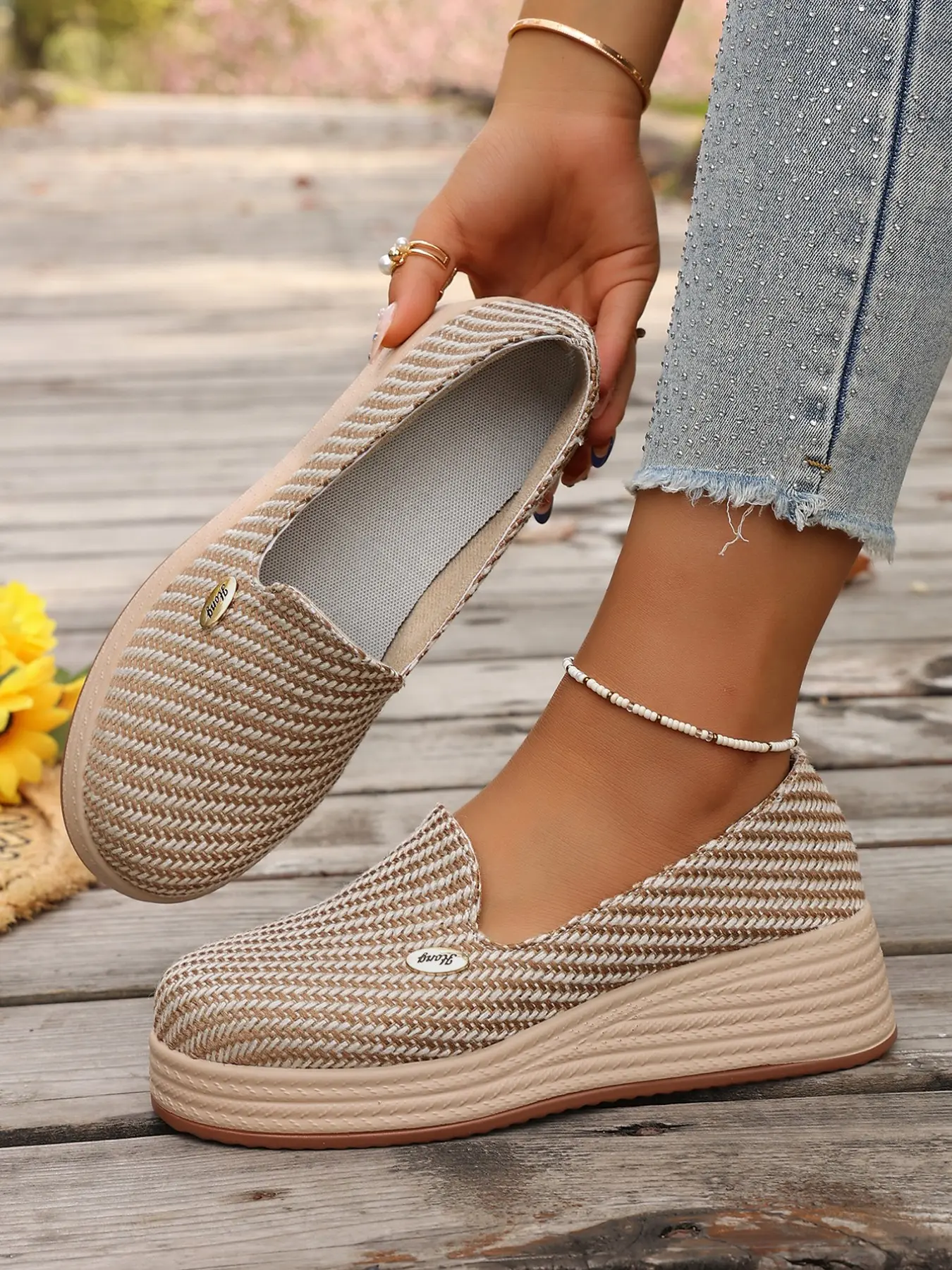 Women's Braided Thick Rubber Sole Loafers, Spring & Fall Outdoor Retro Vintage Style, Height-Boosting Slip-On Shoes, Classic Casual Shoes, Casual Patchwork Design, Walking Shoes, Casual Wear Shoes
