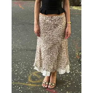 Street-Style Vintage Leopard Print Patchwork Colorblock Skirt, Casual Fashion Skirt, Women’s Lace Button A-Line Fashion Loose Long Skirt, Elegant Vacation Wear
