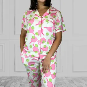 Willie J's Easy PJ's Bamboo Pickleball Print Pajamas Long Set with Short Sleeve Top and Cropped Pants