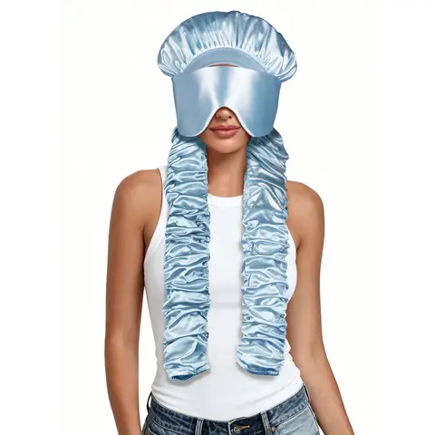 SeSe Code Extra Long Pleated Side Bands Bonnet with Eye Mask Elastic No Slip Hair Care Styling Cap