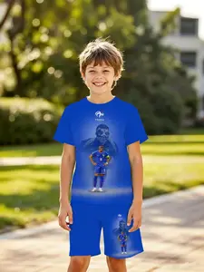 Boys' 3D Short Sleeve Football Star Set Mbappe France No. 10, All over Print Two-Piece, Casual Slim Fit, Perfect Gift for Holidays & Birthdays
