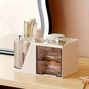 Rotating Pen Holder with 2 Drawers, Multi-Compartment Desk Organizer for Office Supplies, Makeup Brushes and Stationery