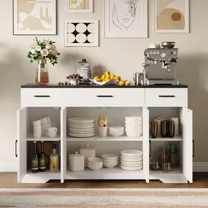 55in Buffet Cabinet with Drawers  Large Sideboard Buffet Storage Cabinet Coffe Bar with Adjustable Shelves for Kitchen Dining Living Room White