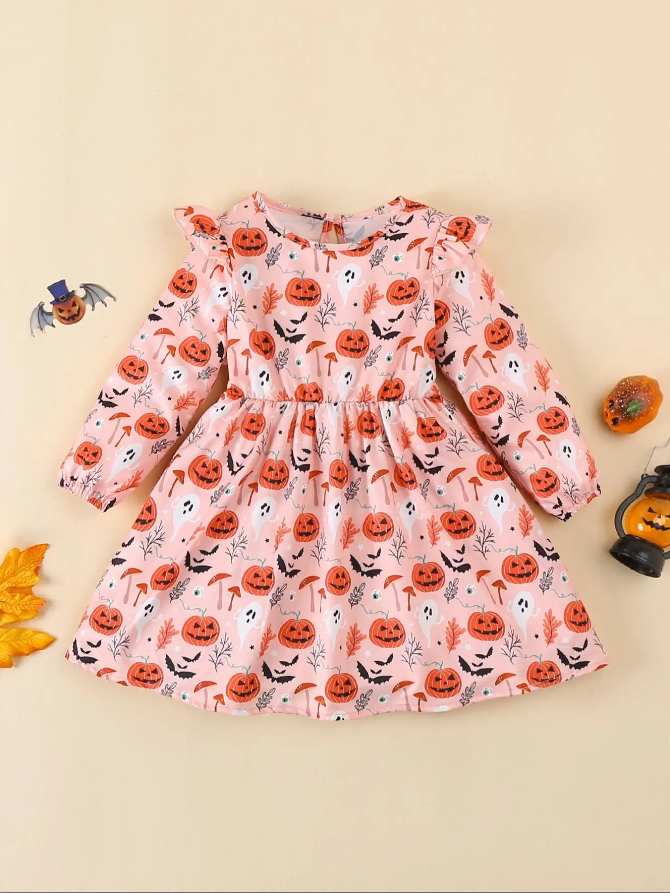 Girl's All Over Print Ruffle Trim A Line Dress, Casual Bishop Sleeve Round Neck Dress for Spring & Fall, Kids Clothes for Daily Wear, Halloween