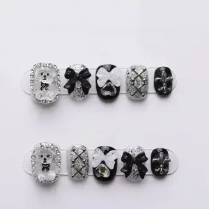 10pcs high-end Cute little bear bow heart handmade fake nails, Grey nail art