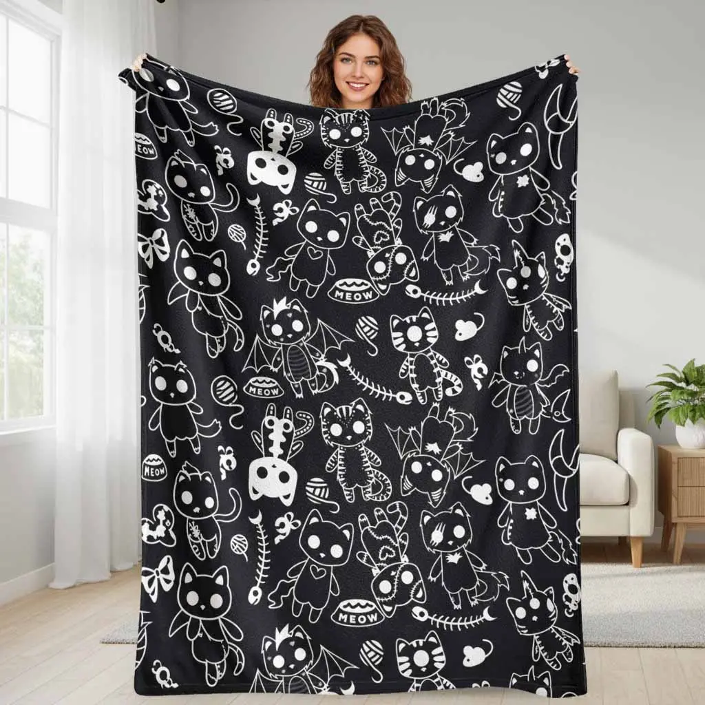 Gothic Cute Cat Pattern Flannel Blanket Anime Kitten Print Ultra Soft Lightweight Breathable Fuzzy Throw For Bed Couch Sofa Living Room Aesthetic Home Decor Holiday Gift Cozy Bedroom Nap