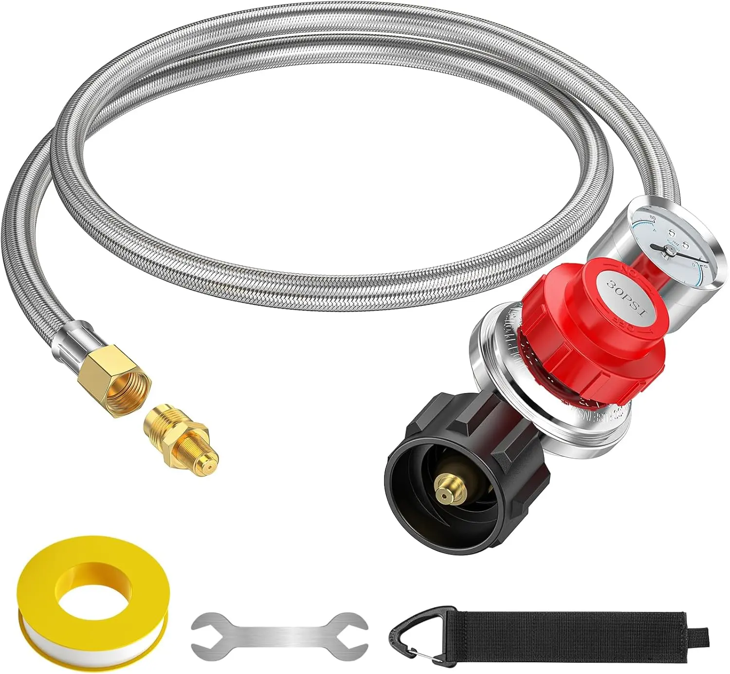 Alloxity 5FT Adjustable High Pressure LPG Regulator Hose Set with 0-30 PSI Gauge, QCC1 Stainless Hose, 3/8 Flare x 1/8 MNPT Fittings for LP Gas Cooker, Turkey Fryer, Lpg Hose