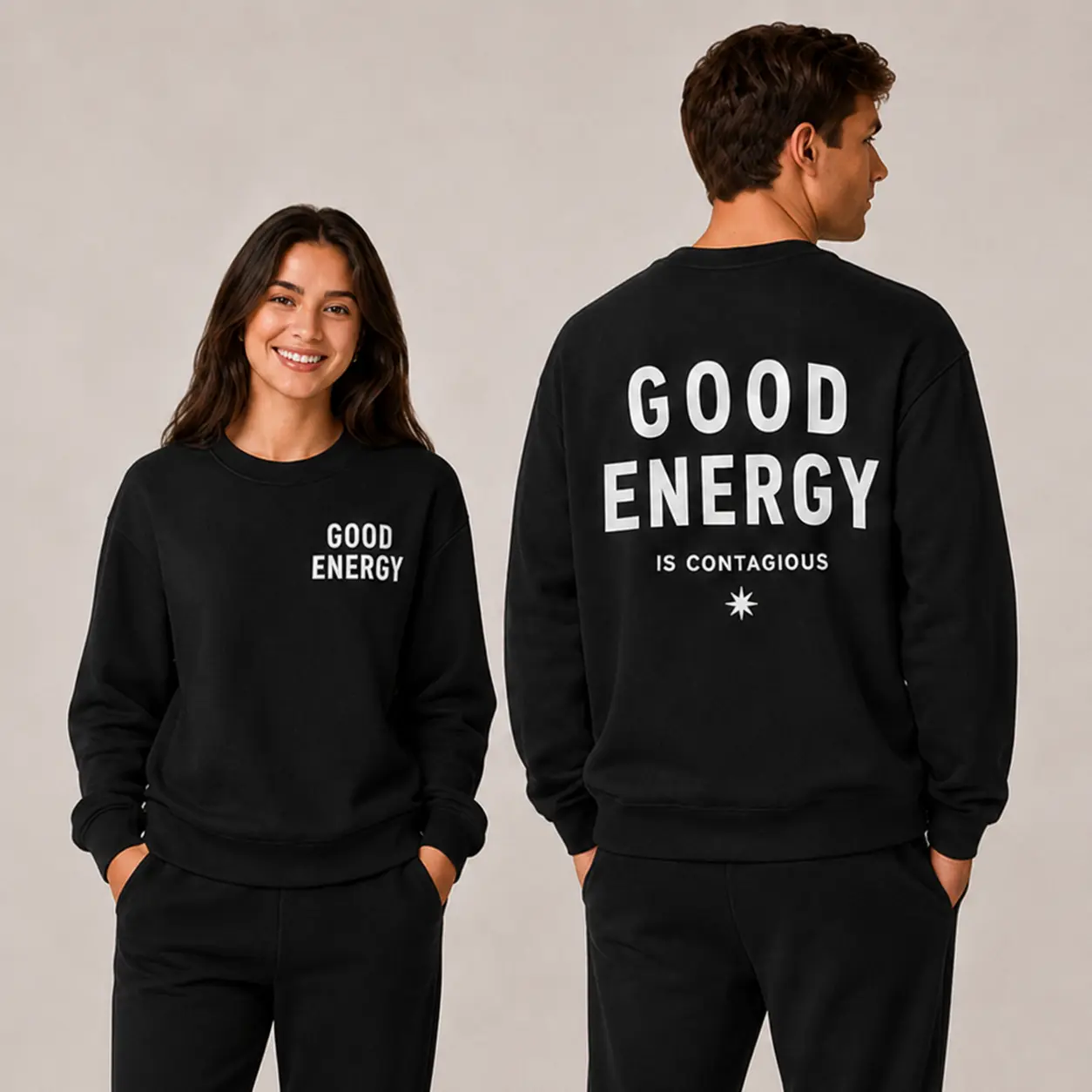 Unisex Good Energy Graphic Crewneck Sweatshirt, Oversized Casual Pullover Fleece Sweatshirt, Streetwear Long Sleeve Top, Positive Quote Printed Sweatshirt for Men Women, Custom Design & Color Available