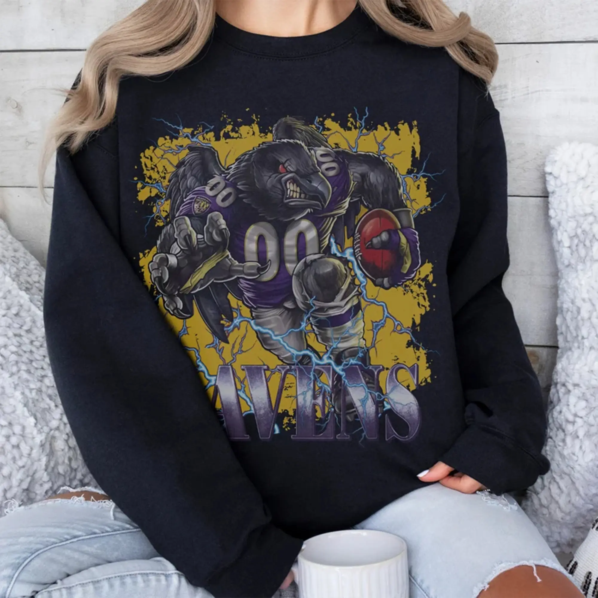 Ravens Football Sweatshirt, Retro Raven Team Mascot Bootleg Faded Crewneck Sweatshirt, Vintage Blitz Football Fan Apparel