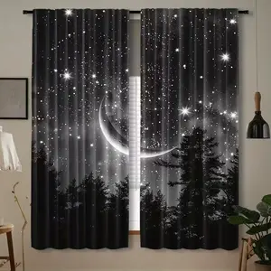 2pcs Forest Starry Moon Night Curtain, Rod Pocket Window, Easy Install Curtain, New Moon and Star Design, Perfect for Bedroom Office Kitchen Living Room Study Decor
