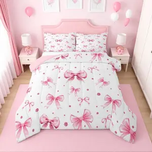 Cute Pink Bow Bedding Set for Girls | Pink Coquette Bows Comforter Set for Kids Women,Princess Ribbon Bow Tie Bed Set,Kawaii Bowtie Room Decor