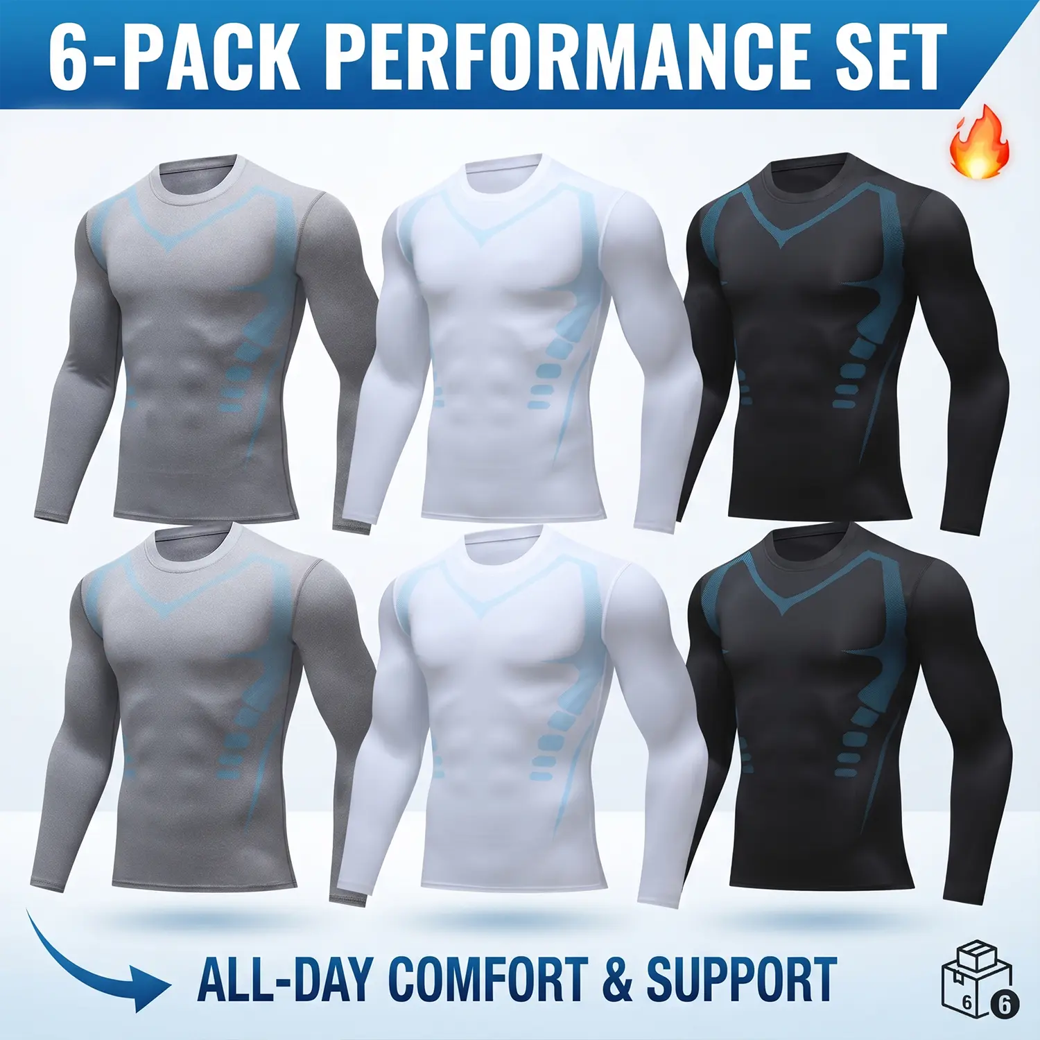 6-Pack Men’s Long Sleeve Performance Workout Tees, All-Day Support Sweat Wicking Athletic Compression Shirts Bundle