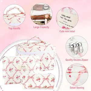 floral pattern Quilted Large Makeup Bag Set Padded Cotton Cosmetic Bag Set 3pcs  Makeup Bag multifunctional organizer